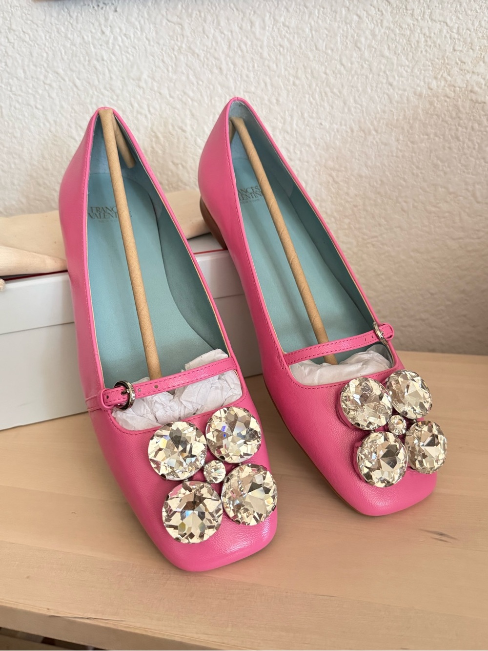 Frances Valentine Pink Josephine Square Toe Ballet Flat Crystal Jewels-9. NWT View 3